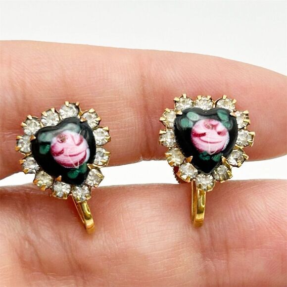 Vintage 1950s Green Heart Earrings Pink Rose Center Screw Back Retro Gold Tone - Picture 1 of 11
